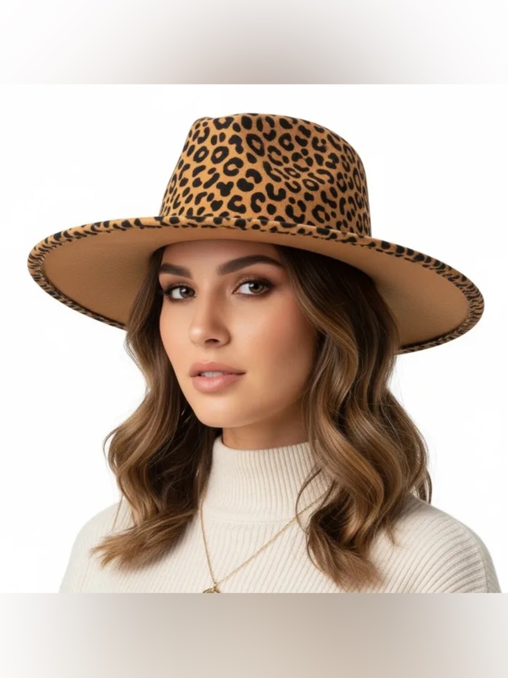 Women's Leopard Print Wide Brim Fedora Hat - Tan
